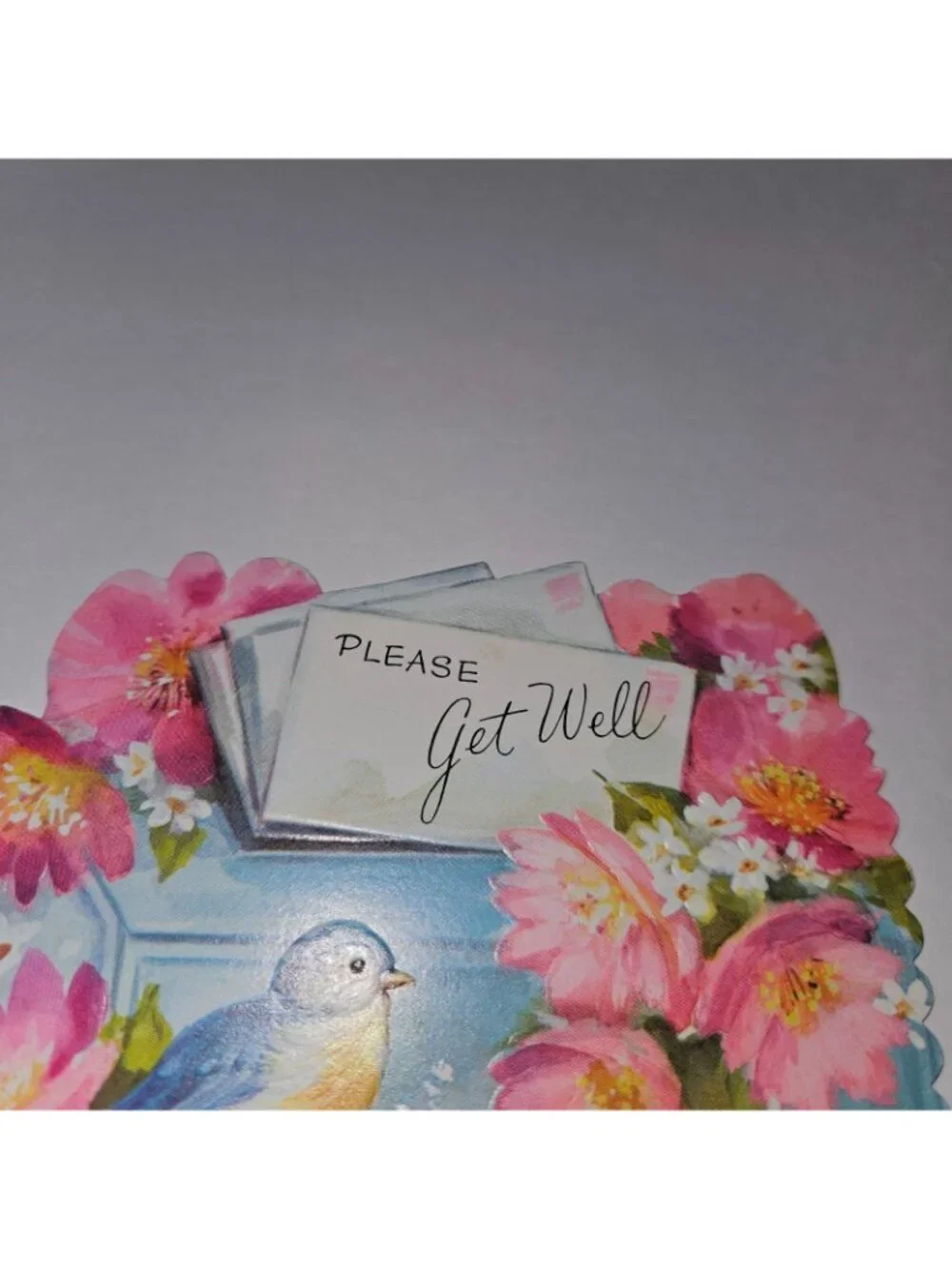 VTG Get Well Greeting Card Scalloped Edges QC Blue Birds Pink Flowers NEVER USED